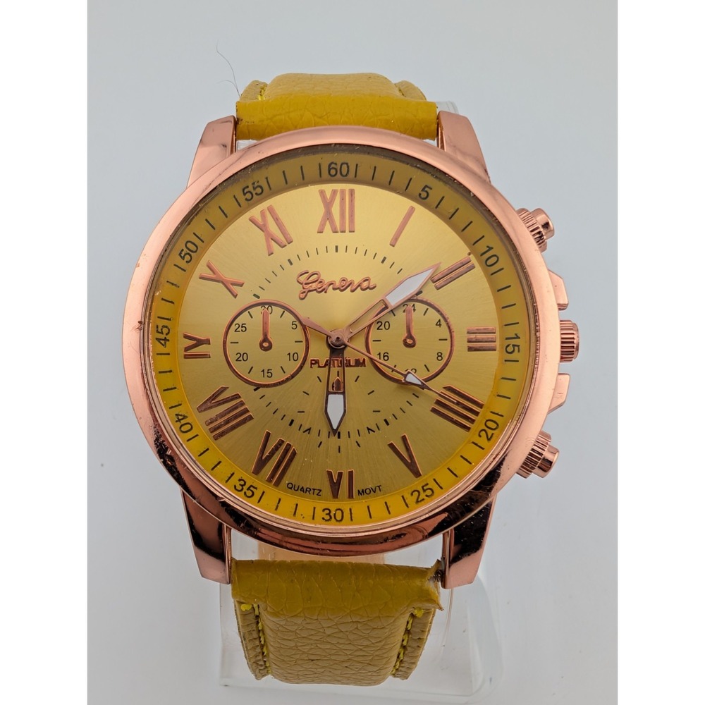 Geneva Watch Women 41mm Rose Gold Case Yellow Faux‎ Leather Band- New Battery